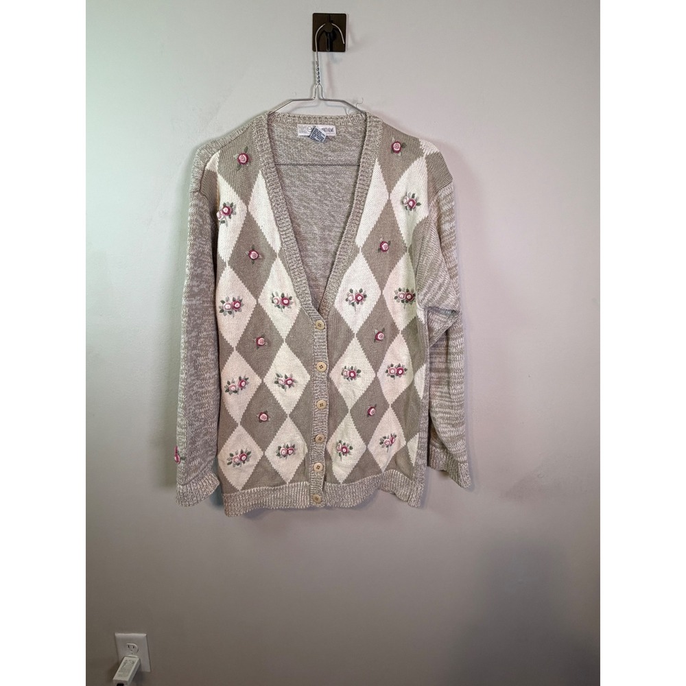 Chrysantheme Womens Cardigan Embroidered Argyle Tan White Size S Vintage